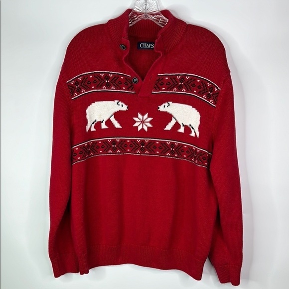 Chaps Ralph Lauren Knit Polar Bear Red Sweater Size Large - Picture 1 of 9